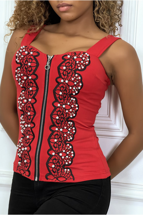Haut style bustier rouge à zip avec dessins et perles - 2