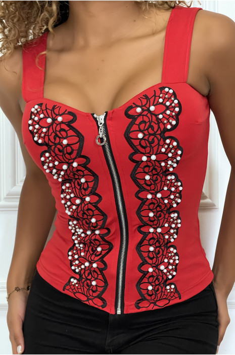 Haut style bustier rouge à zip avec dessins et perles - 3