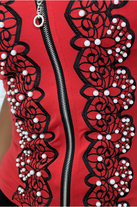 Haut style bustier rouge à zip avec dessins et perles - 4