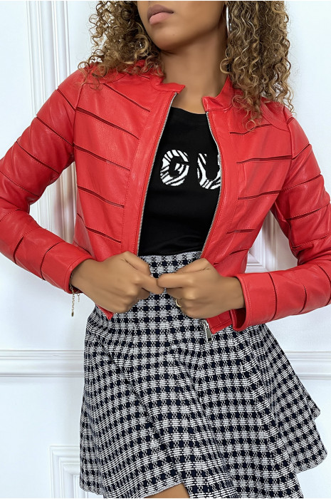 Veste en similicuir rouge avec bandes - 3