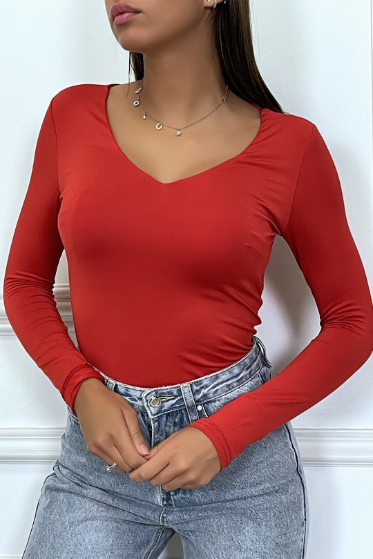 Red V-Neck Long Sleeve Tight T-Shirt - 1