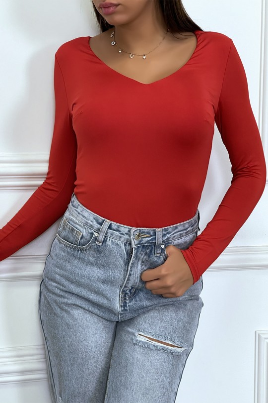 Red V-Neck Long Sleeve Tight T-Shirt - 2