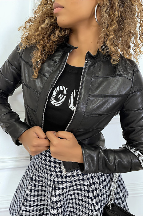 Veste en similicuir noir avec bandes - 2
