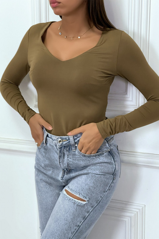 Taupe Tight Long Sleeve V-Neck T-Shirt - 2