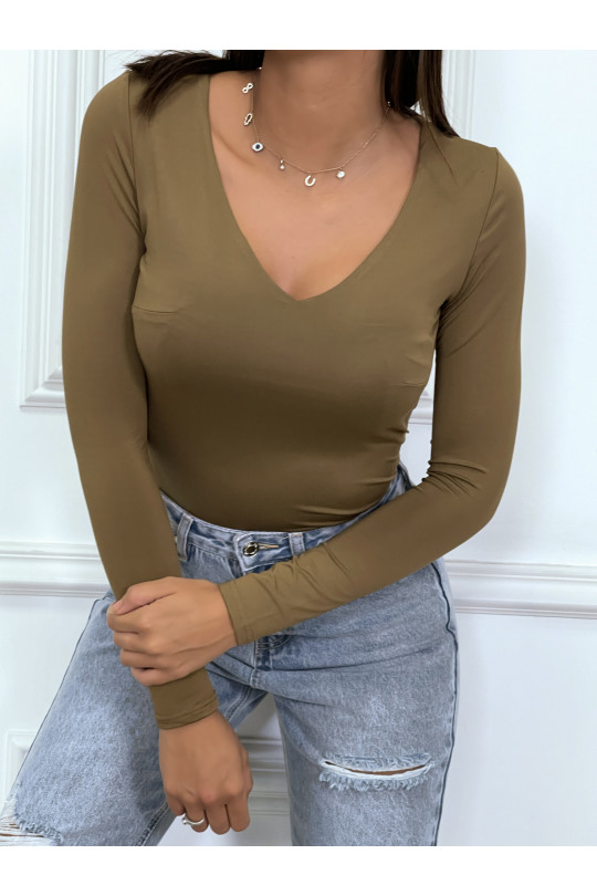 Taupe Tight Long Sleeve V-Neck T-Shirt - 4