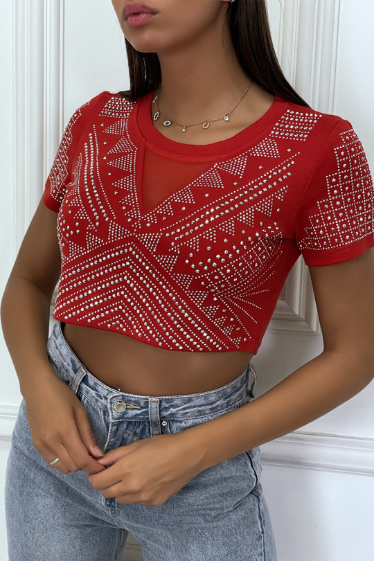 Red short-sleeved cropped t-shirt with rhinestones, round neck - 1