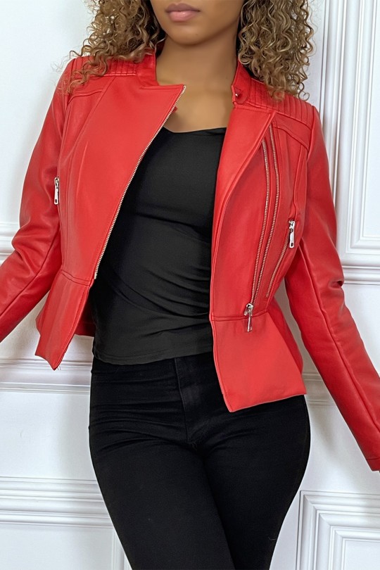 Red faux leather jacket with round neck - 2