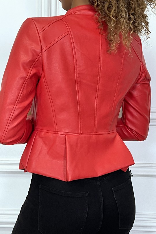 Red faux leather jacket with round neck - 3