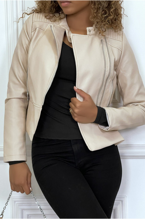 Veste simili-cuir beige à col rond - 1