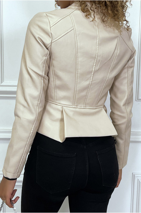 Veste simili-cuir beige à col rond - 4
