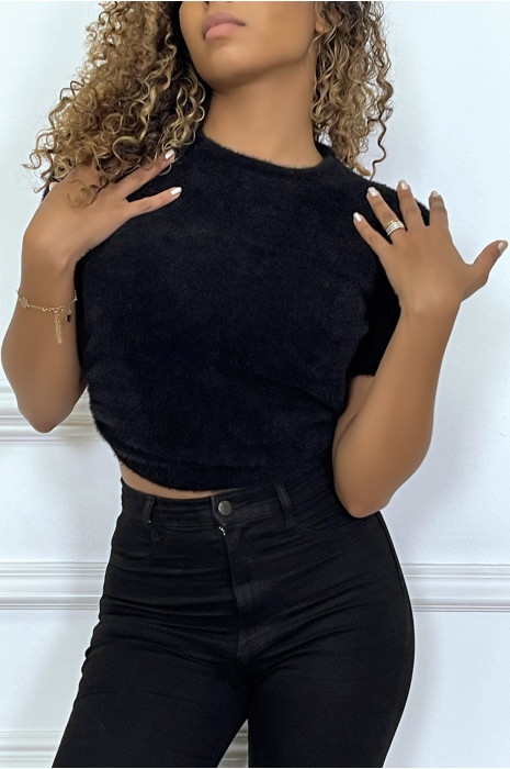 Black fluffy fabric t-shirt with bare back - 1