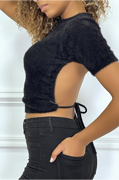 Zwart t-shirt van pluizige stof met blote rug - 2