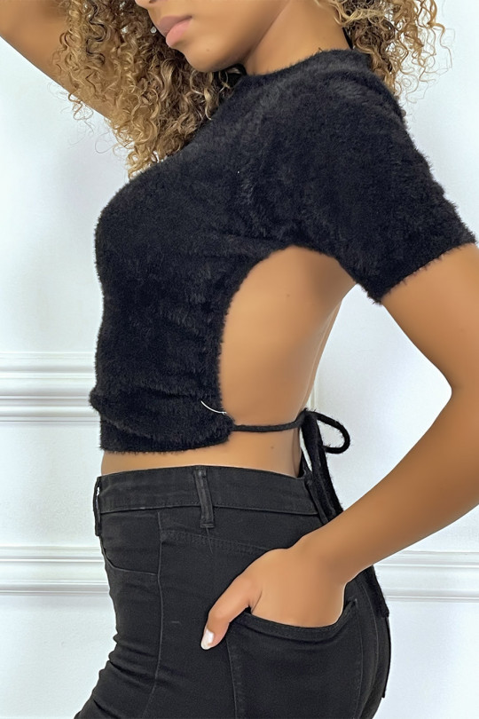 Black fluffy fabric t-shirt with bare back - 2