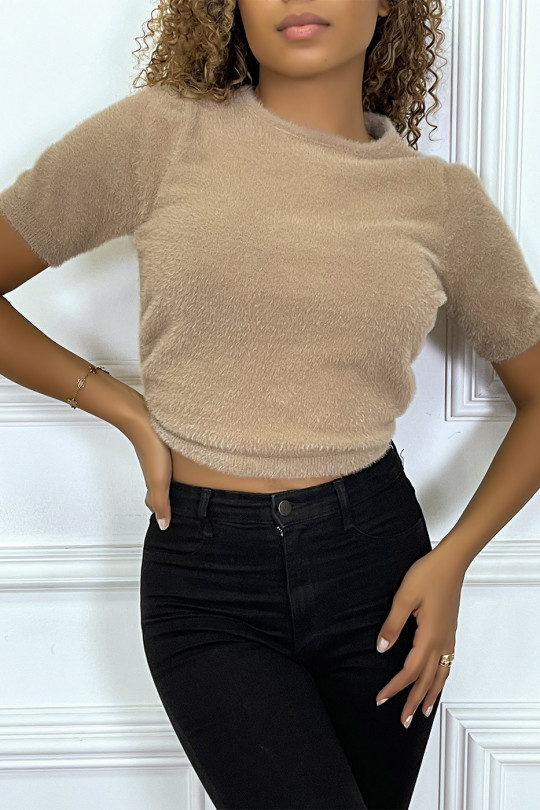 Open back taupe fluffy fabric T-shirt - 2