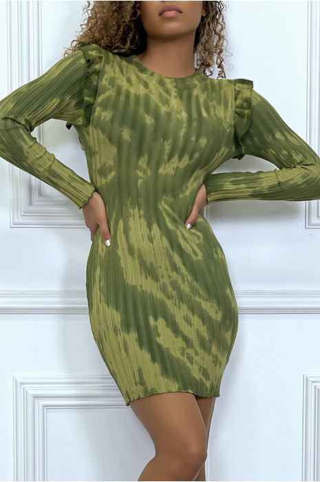 LoKK-sleeved khaki tie-dye dress with ruffles on the shoulders - 1