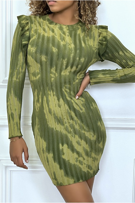 LoKK-sleeved khaki tie-dye dress with ruffles on the shoulders - 3