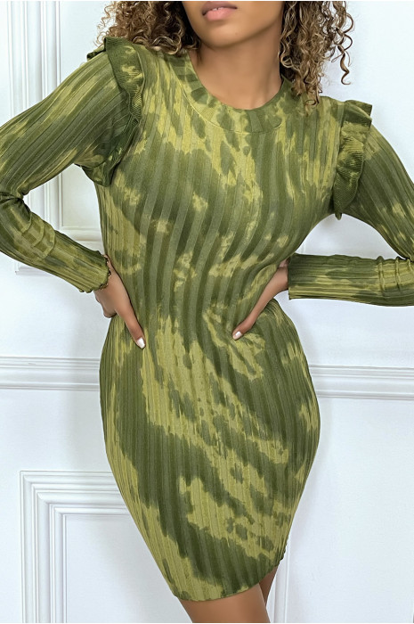 LoKK-sleeved khaki tie-dye dress with ruffles on the shoulders - 4