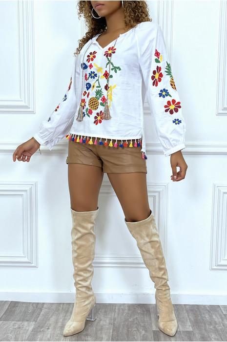 White tunic blouse with multicolored fringes and embroidery - 1