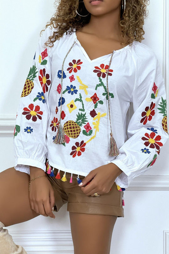 White tunic blouse with multicolored fringes and embroidery - 2