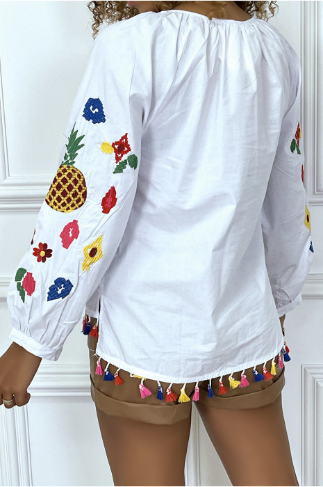 Witte tuniekblouse met veelkleurige franjes en borduursels - 5