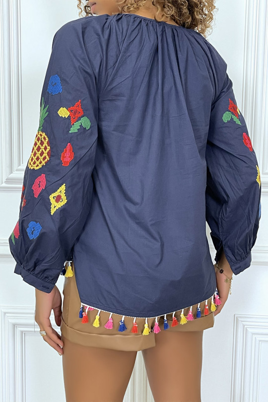 Blouse tunique marine à broderie et franges multicolor - 4