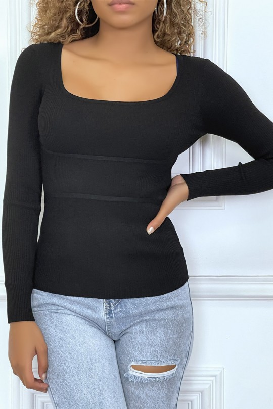 Unicolor black ribbed sweater with bands - 1