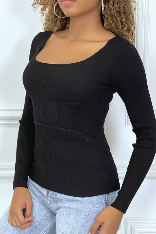 Unikleurige zwarte geribbelde trui met banden - 2