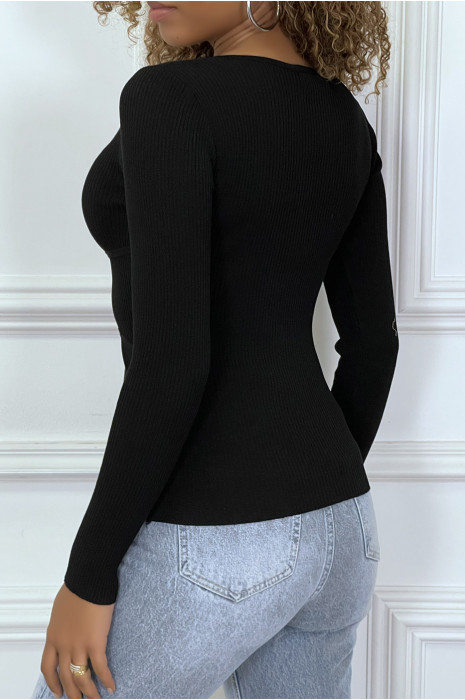 Pull unicolor noir cotelé avec bandes - 3