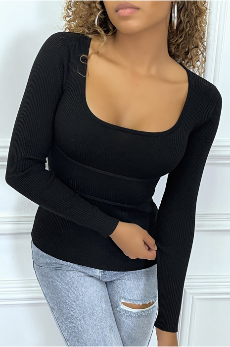 Unicolor black ribbed sweater with bands - 4