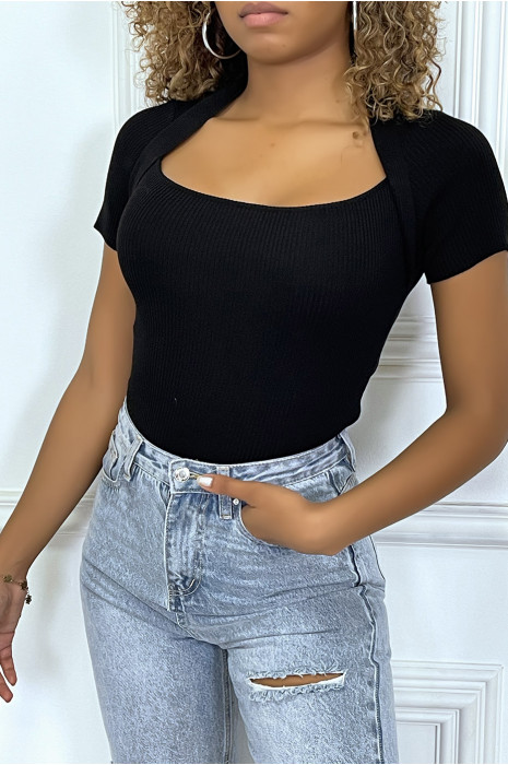 Top noir côtelé  style boléro - 2