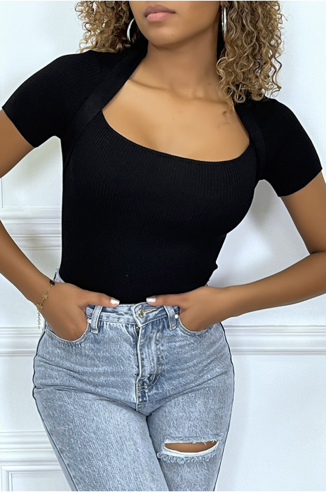 Top noir côtelé  style boléro - 3