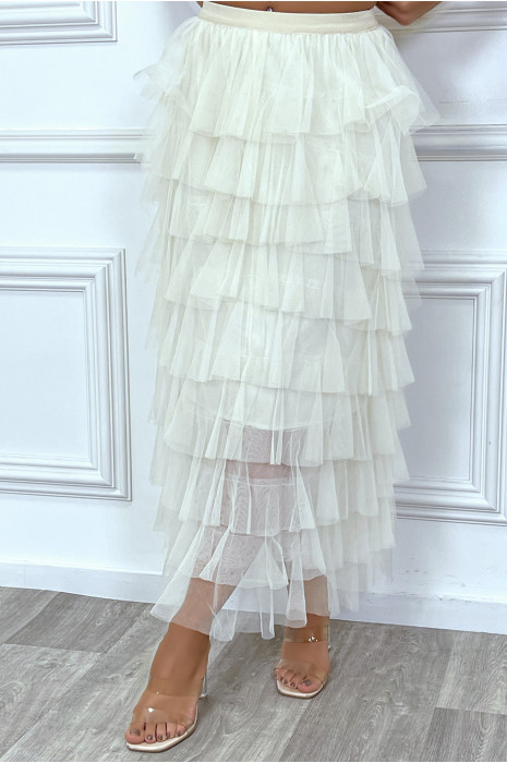 Jupe longue beige à en tulle avec doublure - 4