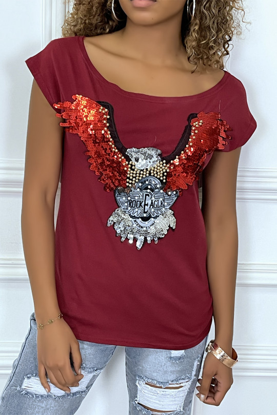 Burgundy t-shirt with eagle designs in sequins and pearls - 1