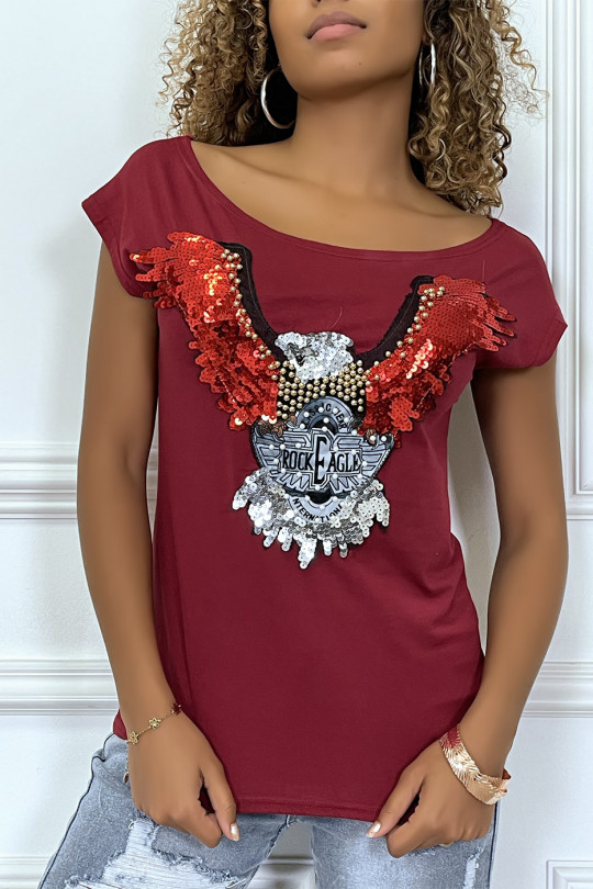 Burgundy t-shirt with eagle designs in sequins and pearls - 3