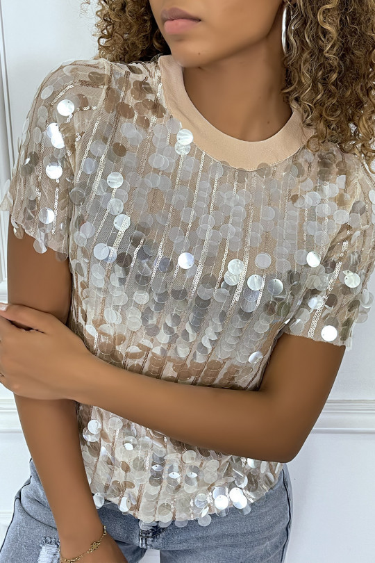 Shiny beige t-shirt with sequins - 1