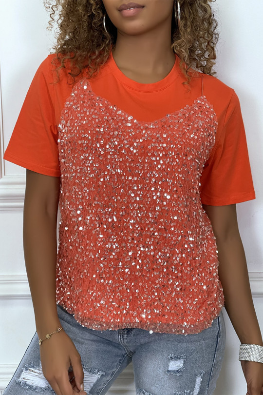 Coral T-shirt with sequined tulle tank lining effect - 2