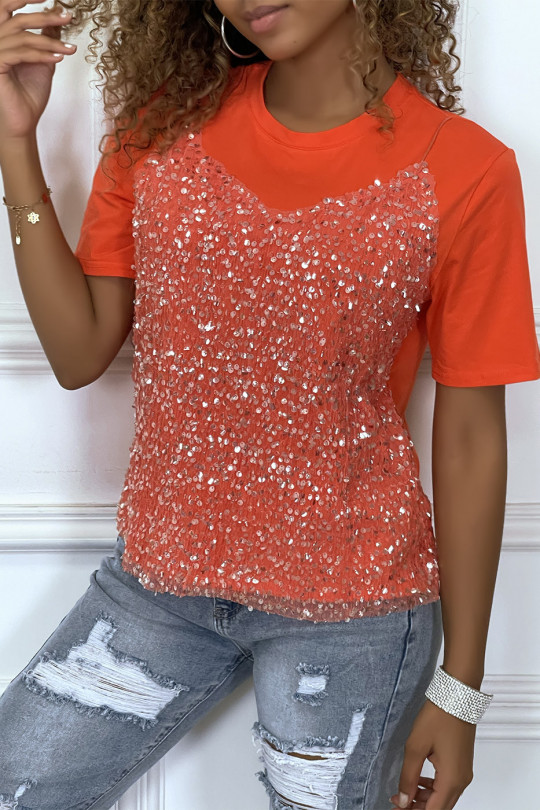 Coral T-shirt with sequined tulle tank lining effect - 3