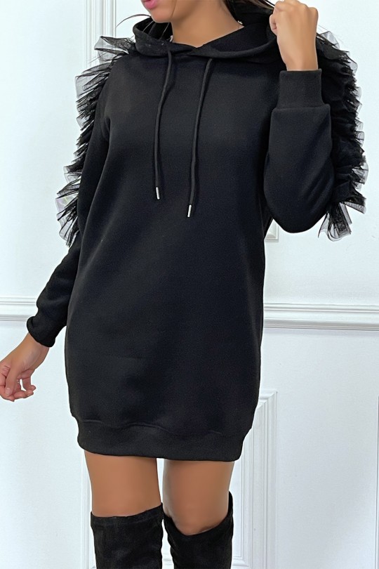 Black sweatshirt dress with super thick hood and frills on the sleeves - 3