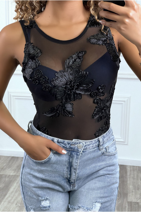 Transparent black bodysuit with satin lace flowers - 2