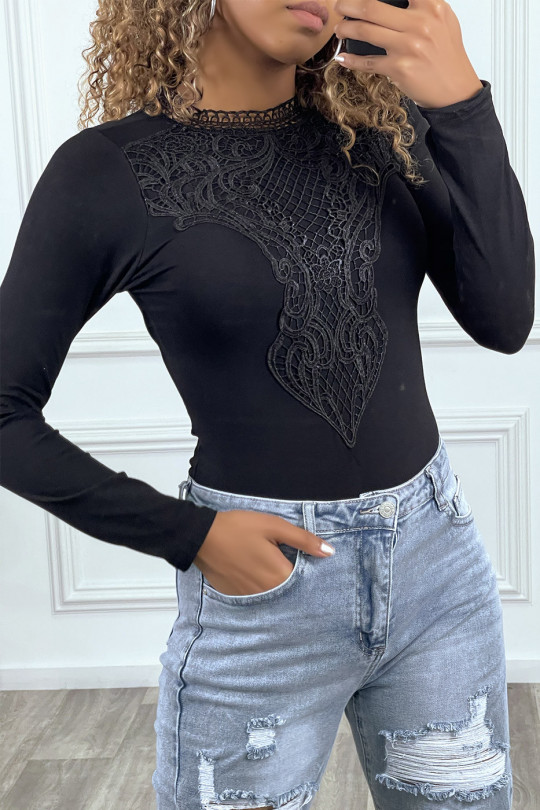 Black long-sleeved bodysuit with crochet details - 3