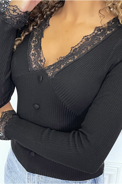 Pull noir col v avec dentelle et boutons - 1