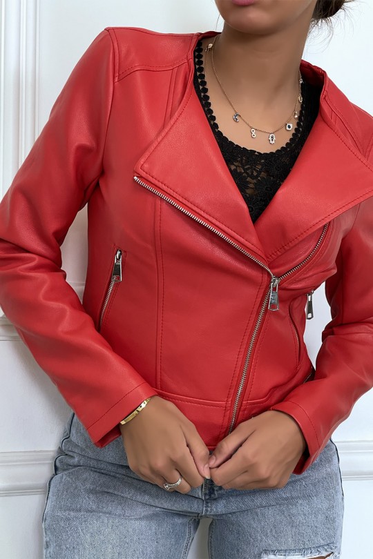 Red faux leather biker jacket - 5