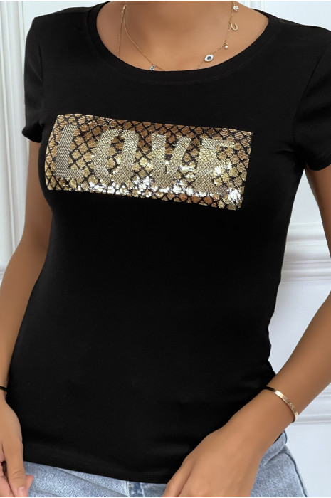 Tee-shirt noir avec inscription " love" dorée - 1