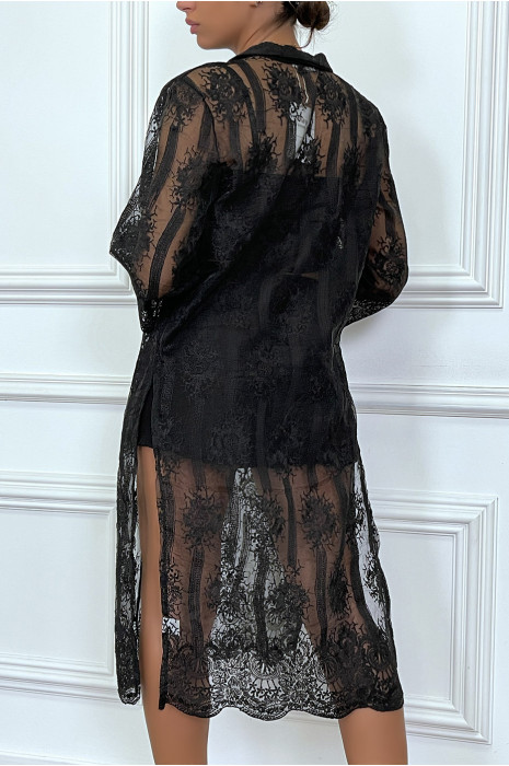 Kimono noir en dentelle tendance à col retourné et à manches mi-longues - 1