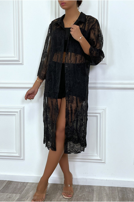 Kimono noir en dentelle tendance à col retourné et à manches mi-longues - 4