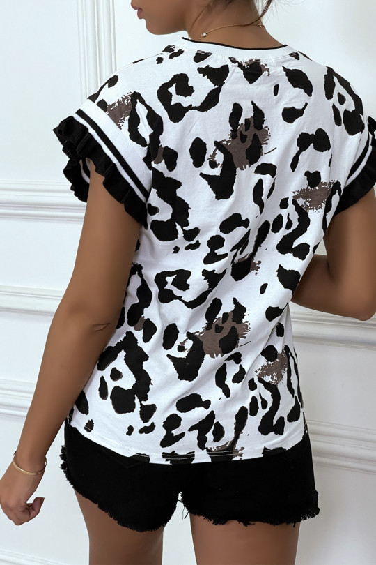 T-shirt blanc style léopard, à manches courtes et dessin/inscription - 1