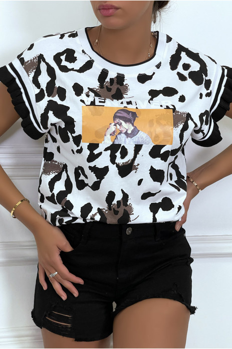 T-shirt blanc style léopard, à manches courtes et dessin/inscription - 4