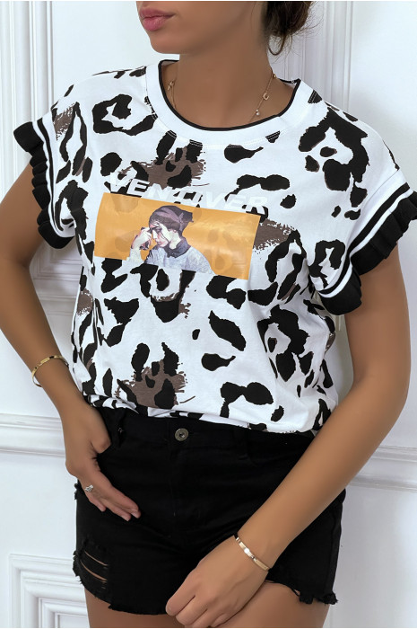 T-shirt blanc style léopard, à manches courtes et dessin/inscription - 5