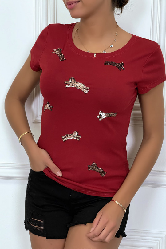 T-shirt bordeaux à manches courtes avec léopards pailletés - 2