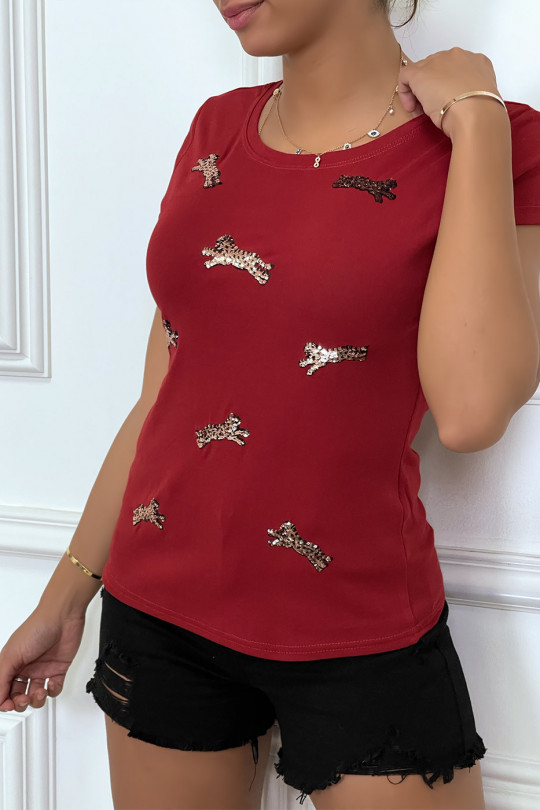 T-shirt bordeaux à manches courtes avec léopards pailletés - 3